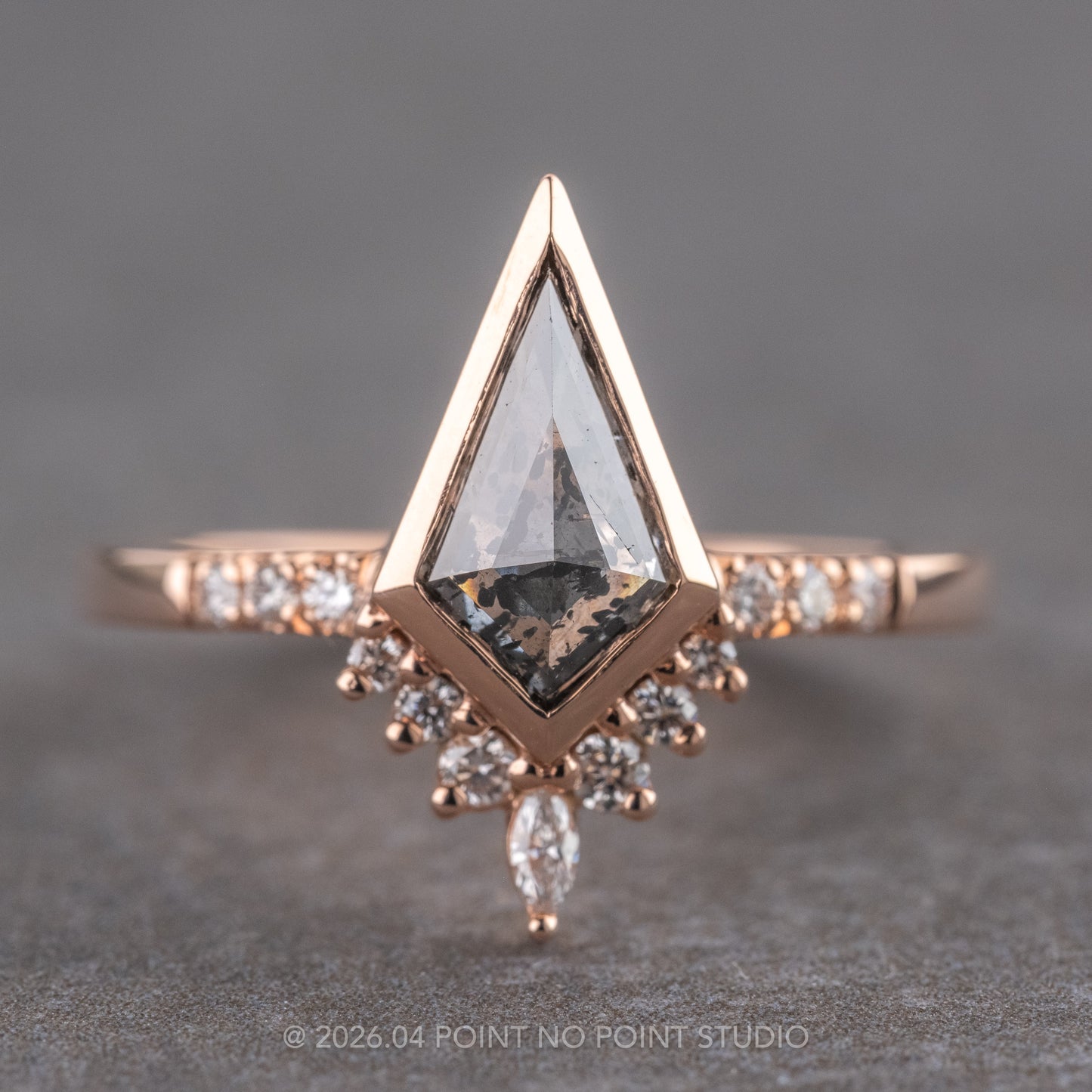 1.01 Carat Salt and Pepper Kite Diamond Engagement Ring, Avaline Setting, 14K Rose Gold