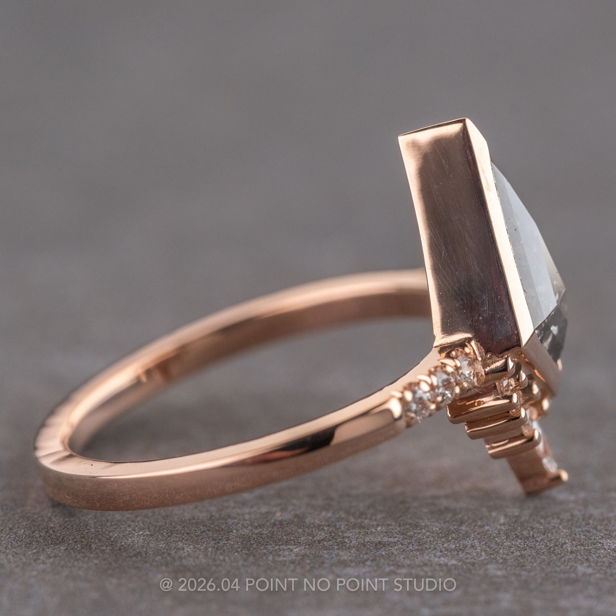 1.01 Carat Salt and Pepper Kite Diamond Engagement Ring, Avaline Setting, 14K Rose Gold