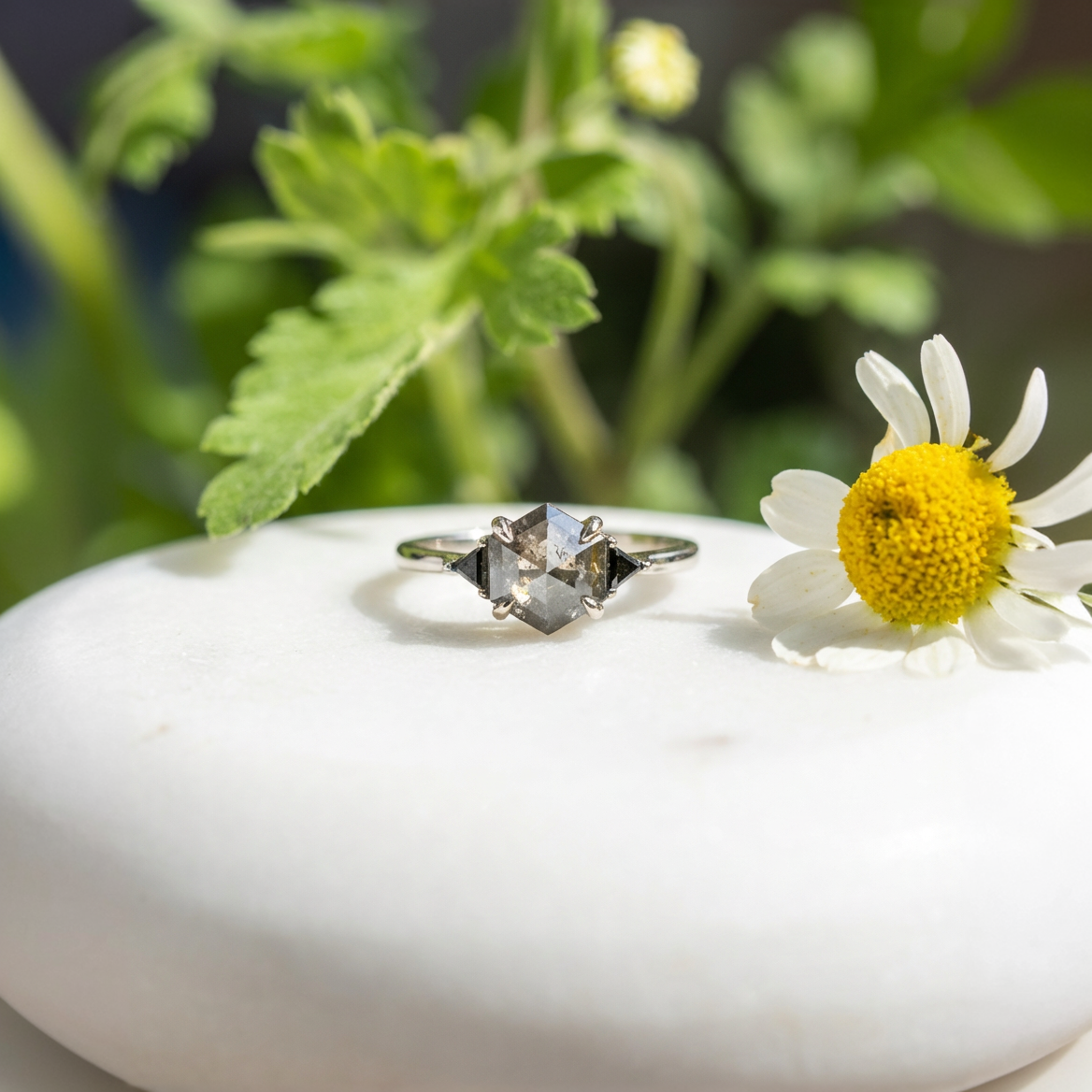 2.16 Carat Salt and Pepper Hexagon Diamond Engagement Ring, Zoe Setting