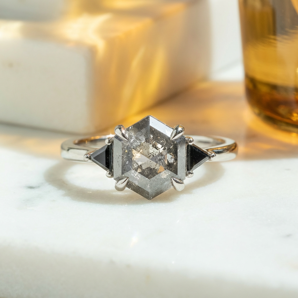 2.16 Carat Salt and Pepper Hexagon Diamond Engagement Ring, Zoe Setting
