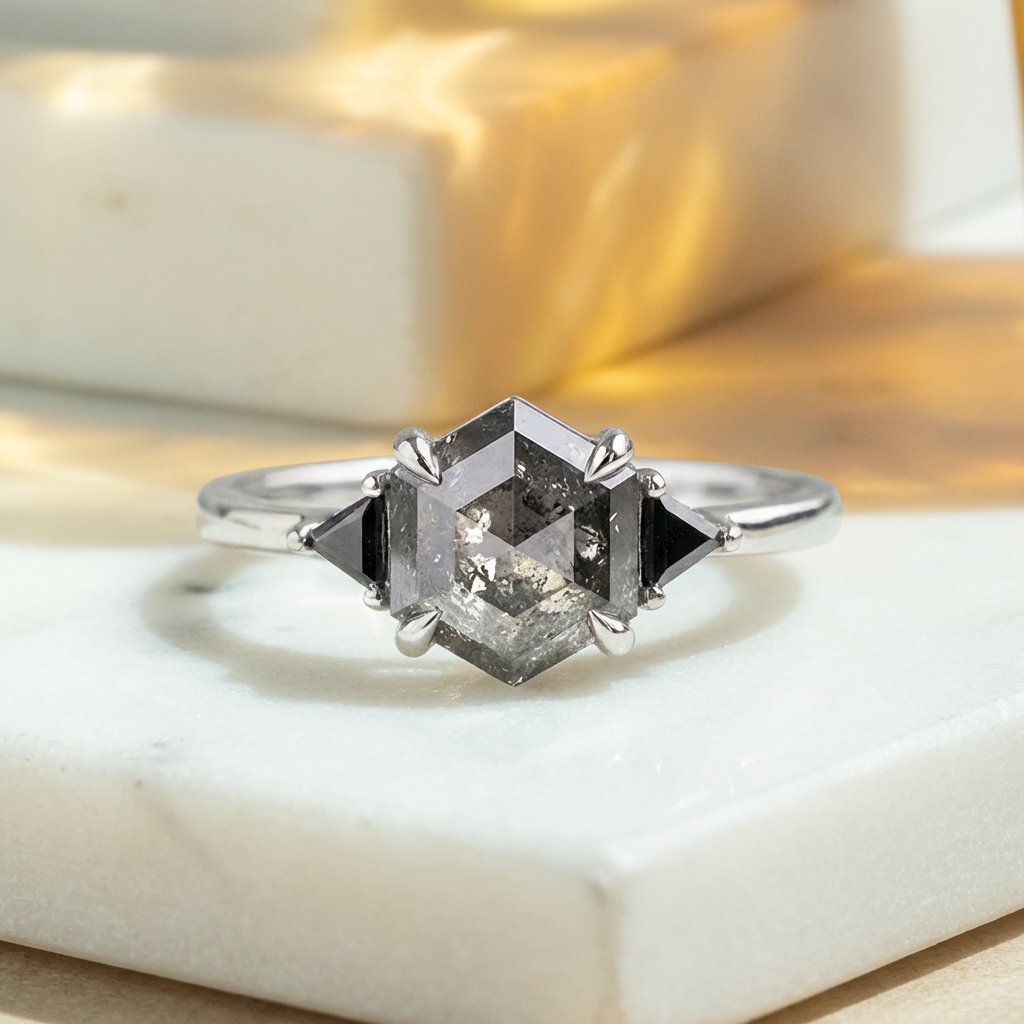 2.16 Carat Salt and Pepper Hexagon Diamond Engagement Ring, Zoe Setting