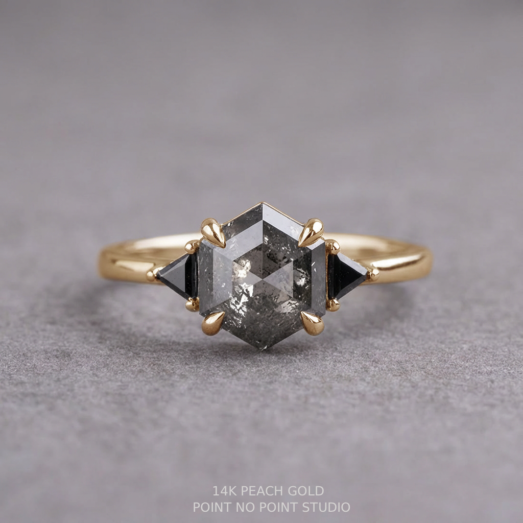 2.16 Carat Salt and Pepper Hexagon Diamond Engagement Ring, Zoe Setting