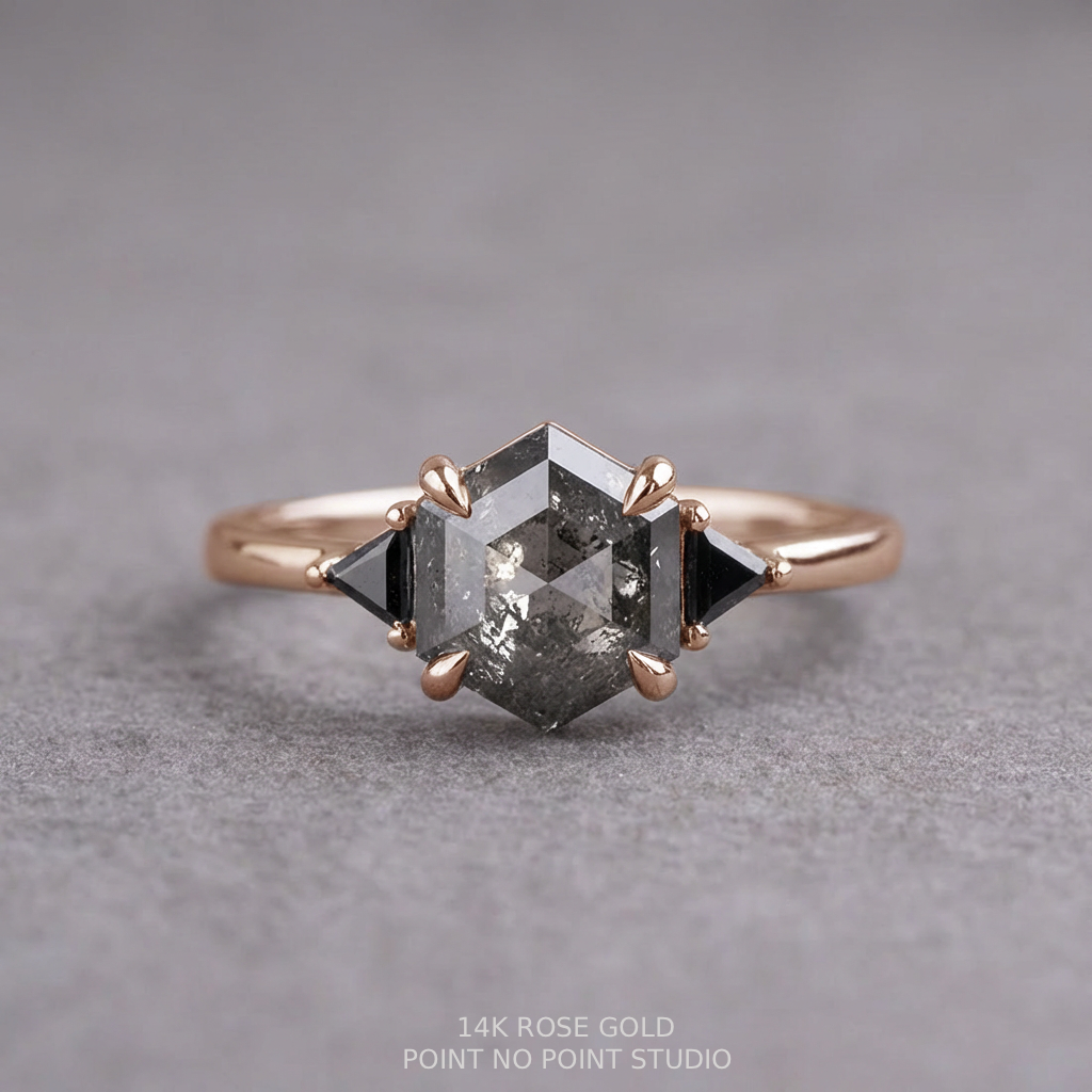 2.16 Carat Salt and Pepper Hexagon Diamond Engagement Ring, Zoe Setting