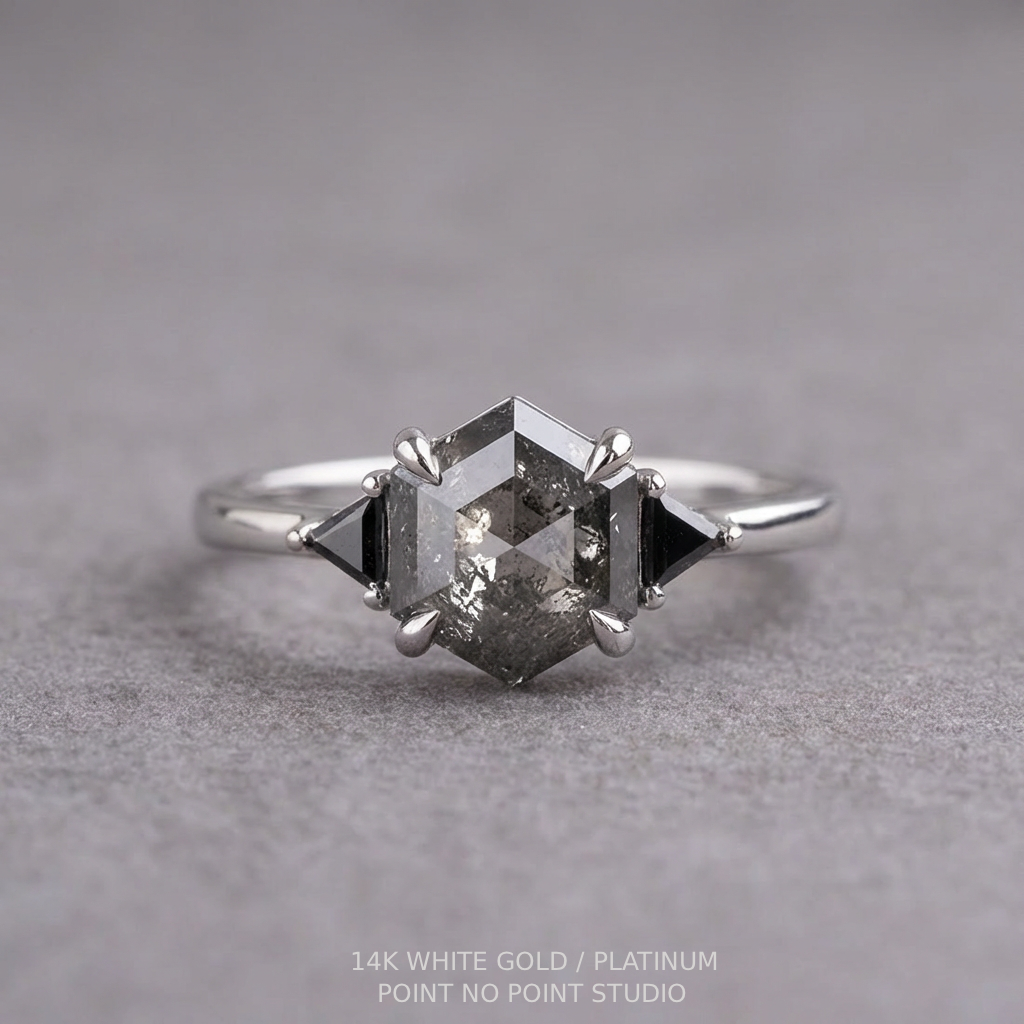 2.16 Carat Salt and Pepper Hexagon Diamond Engagement Ring, Zoe Setting