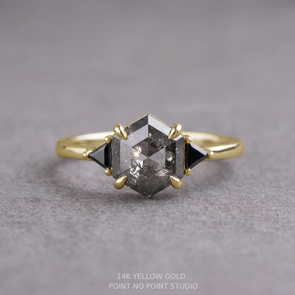 2.16 Carat Salt and Pepper Hexagon Diamond Engagement Ring, Zoe Setting