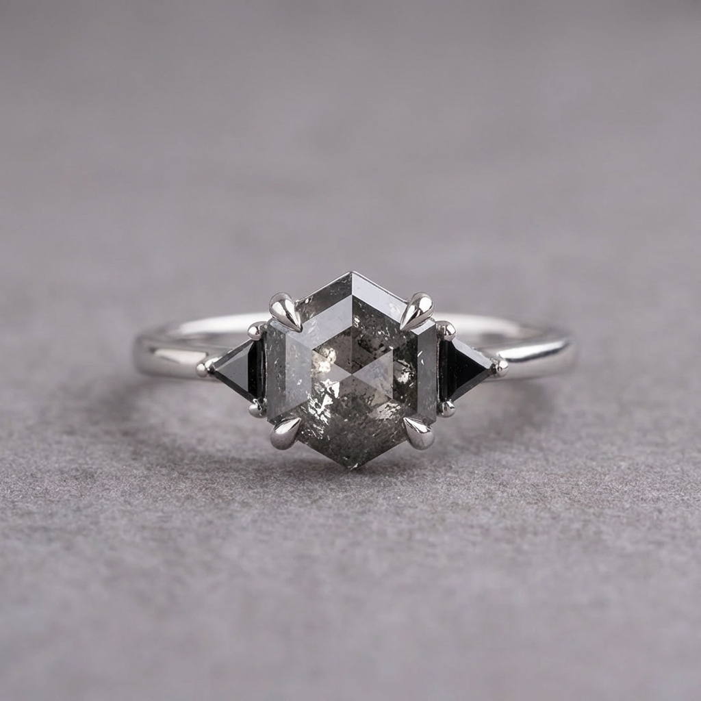 2.16 Carat Salt and Pepper Hexagon Diamond Engagement Ring, Zoe Setting