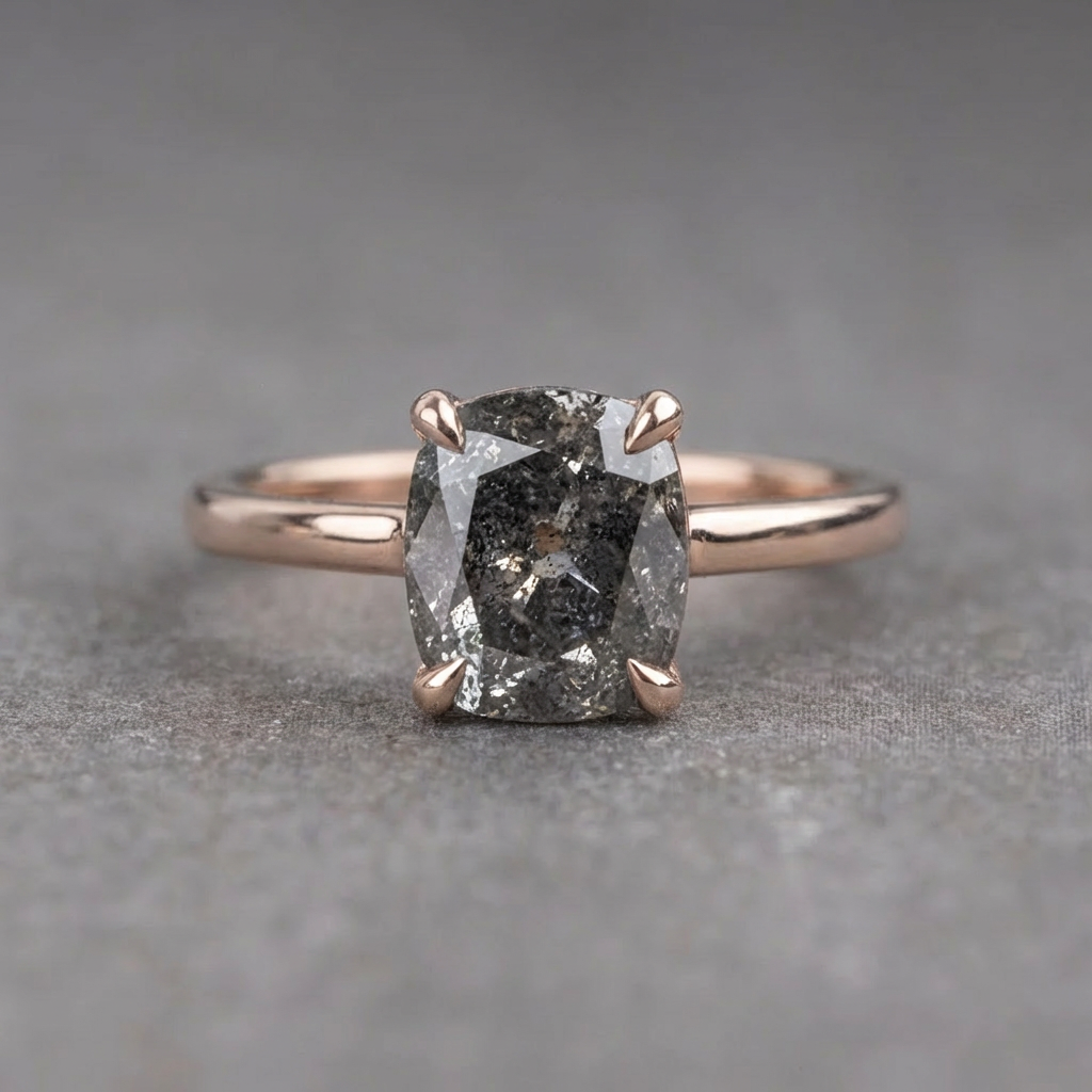 2.32 Carat Canadian Salt and Pepper Cushion Diamond Engagement Ring, Lark Setting