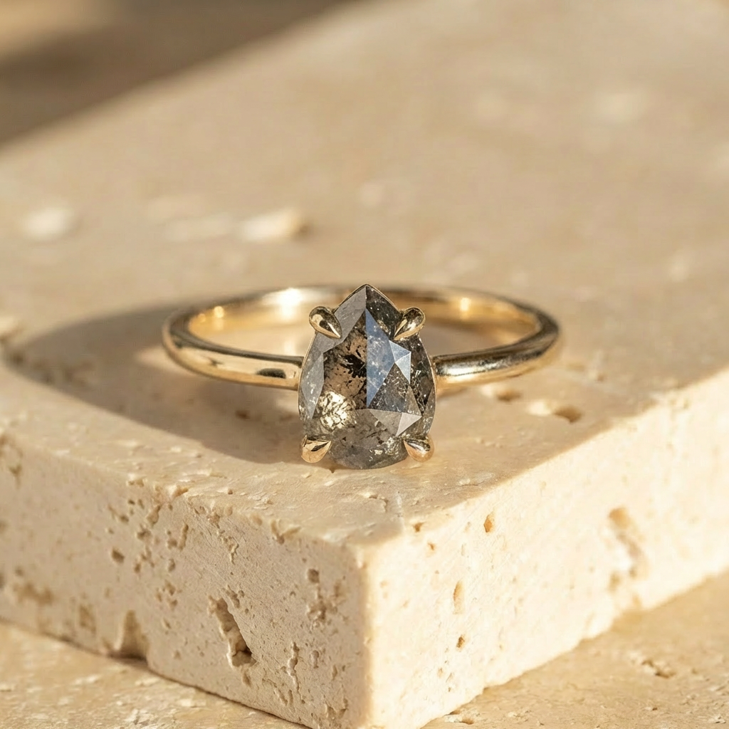 1.37 Carat Salt and Pepper Pear Diamond Engagement Ring, Lark Setting