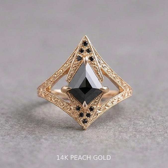 1.24 Carat Black Kite Diamond Engagement Ring, Engraved Arwen Setting