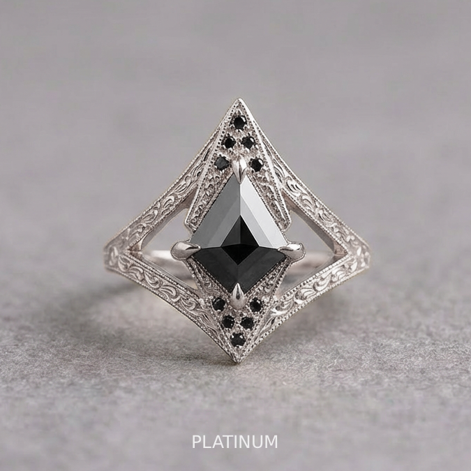 1.24 Carat Black Kite Diamond Engagement Ring, Engraved Arwen Setting