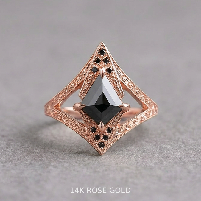 1.24 Carat Black Kite Diamond Engagement Ring, Engraved Arwen Setting