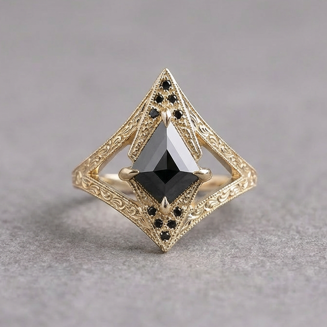 1.24 Carat Black Kite Diamond Engagement Ring, Engraved Arwen Setting