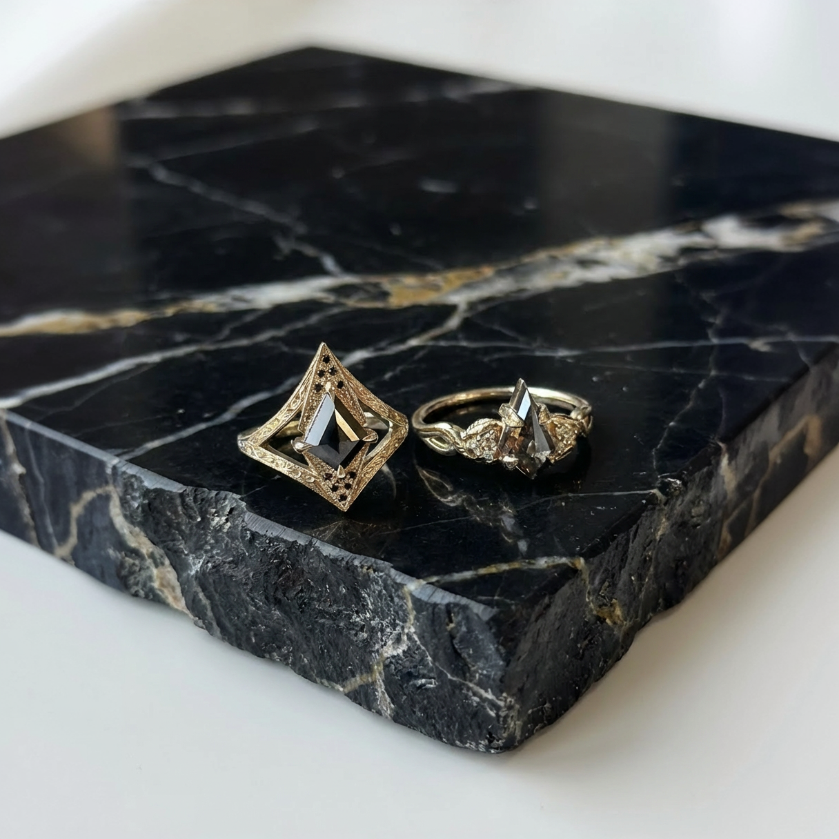 1.24 Carat Black Kite Diamond Engagement Ring, Engraved Arwen Setting