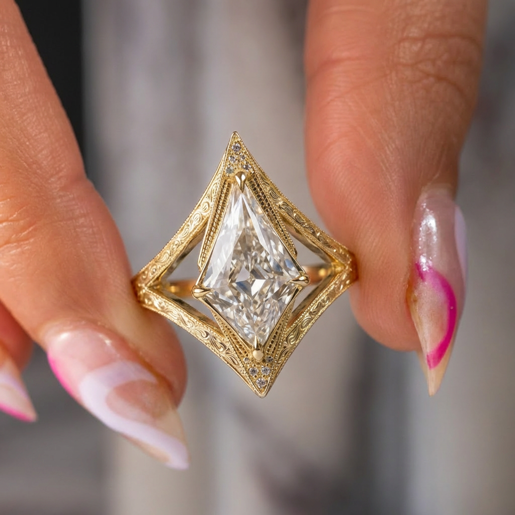 Kite Lab Diamond Engagement Ring, Engraved Arwen Setting