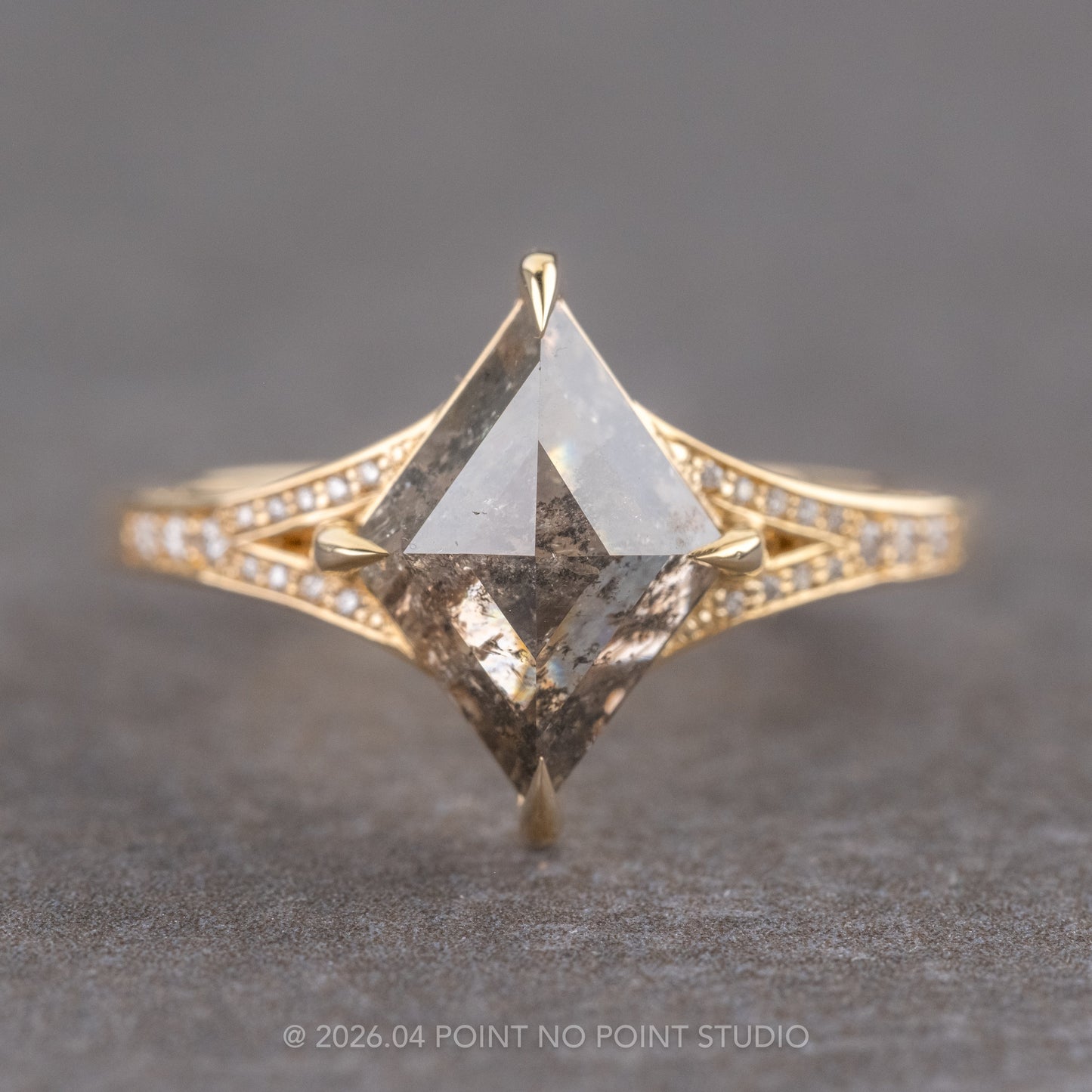 2.50 Carat Salt and Pepper Lozenge Diamond Engagement Ring, River Setting, 14K Yellow Gold