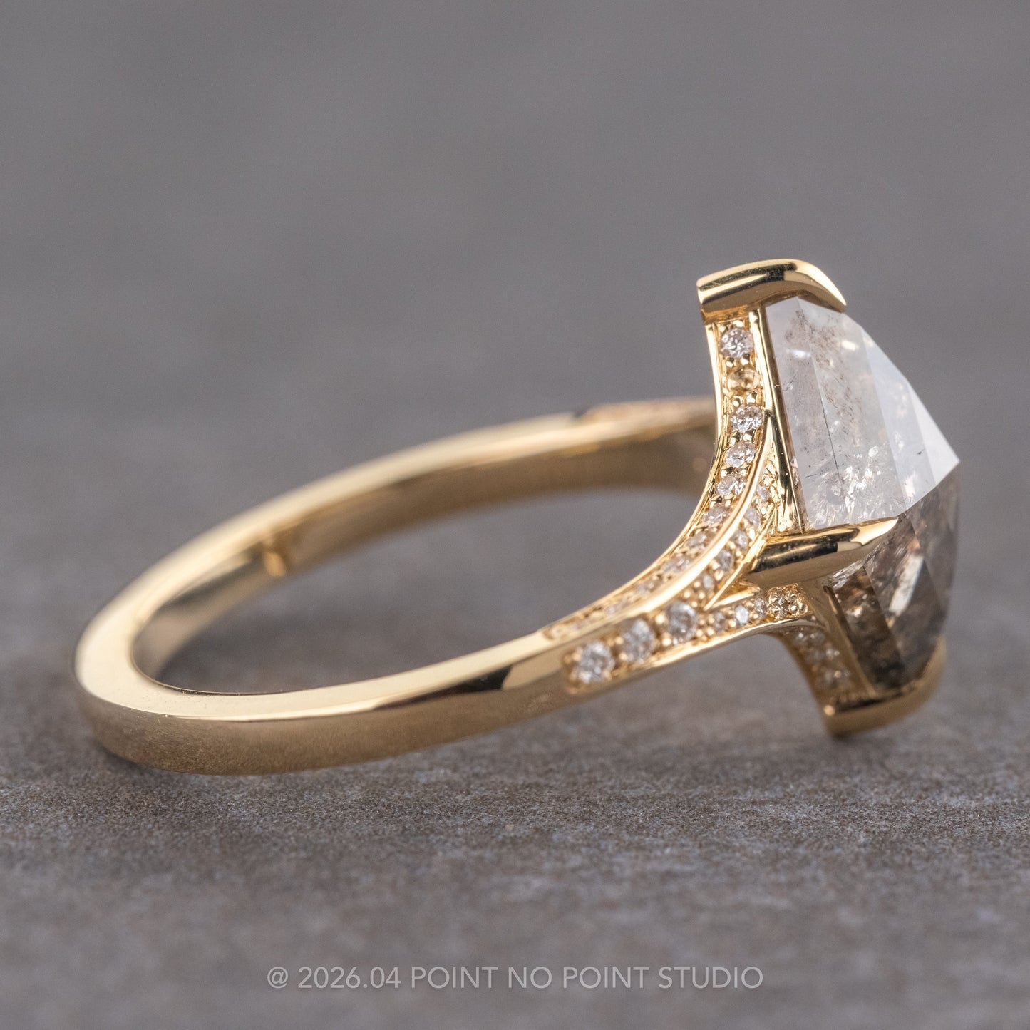 2.50 Carat Salt and Pepper Lozenge Diamond Engagement Ring, River Setting, 14K Yellow Gold