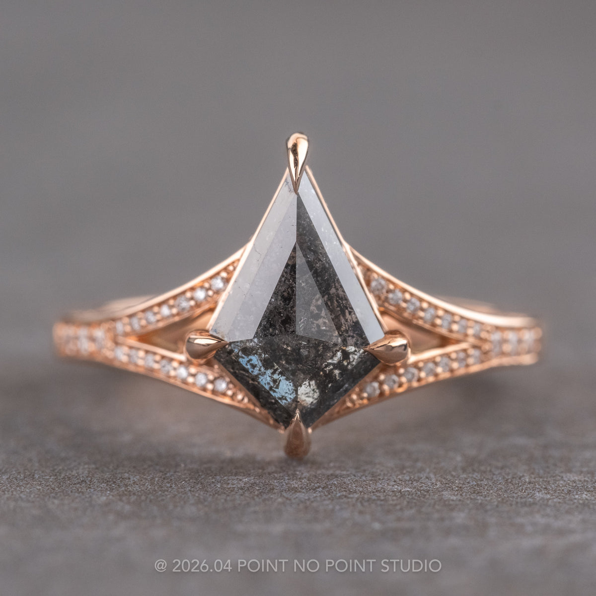 1.64 Carat Black Salt and Pepper Kite Diamond Engagement Ring, River Setting, 14K Rose Gold