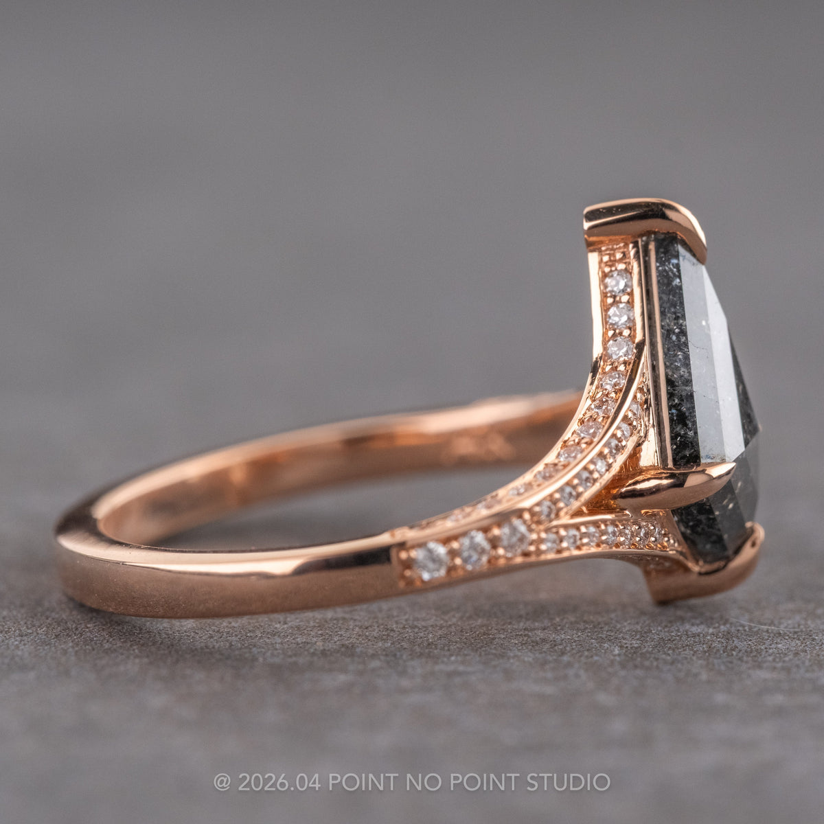 1.64 Carat Black Salt and Pepper Kite Diamond Engagement Ring, River Setting, 14K Rose Gold