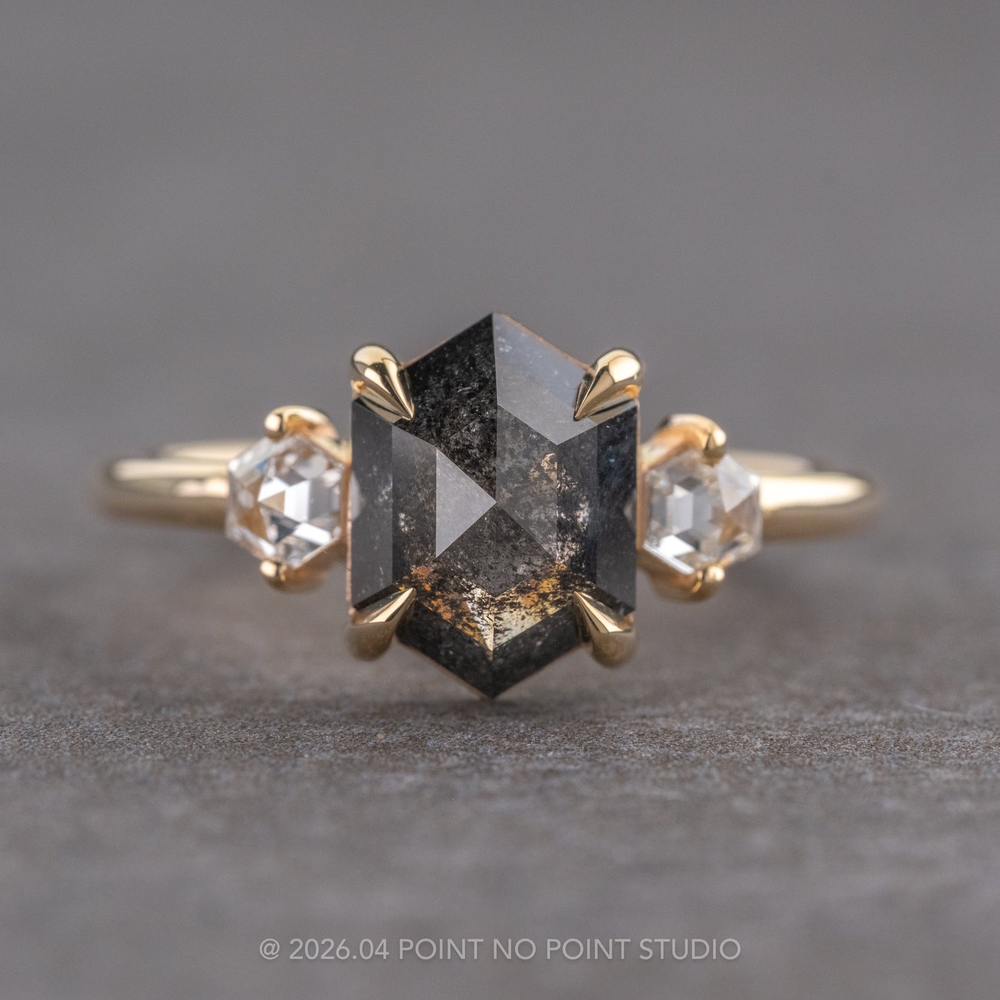 1.58 Carat Black Hexagon Diamond Engagement Ring, Zoe Setting, 14K Yellow Gold