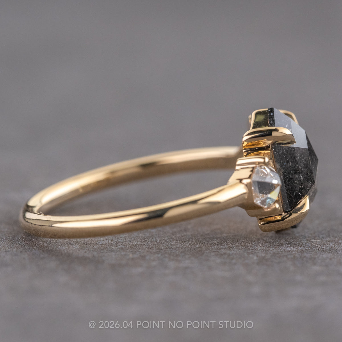 1.58 Carat Black Hexagon Diamond Engagement Ring, Zoe Setting, 14K Yellow Gold