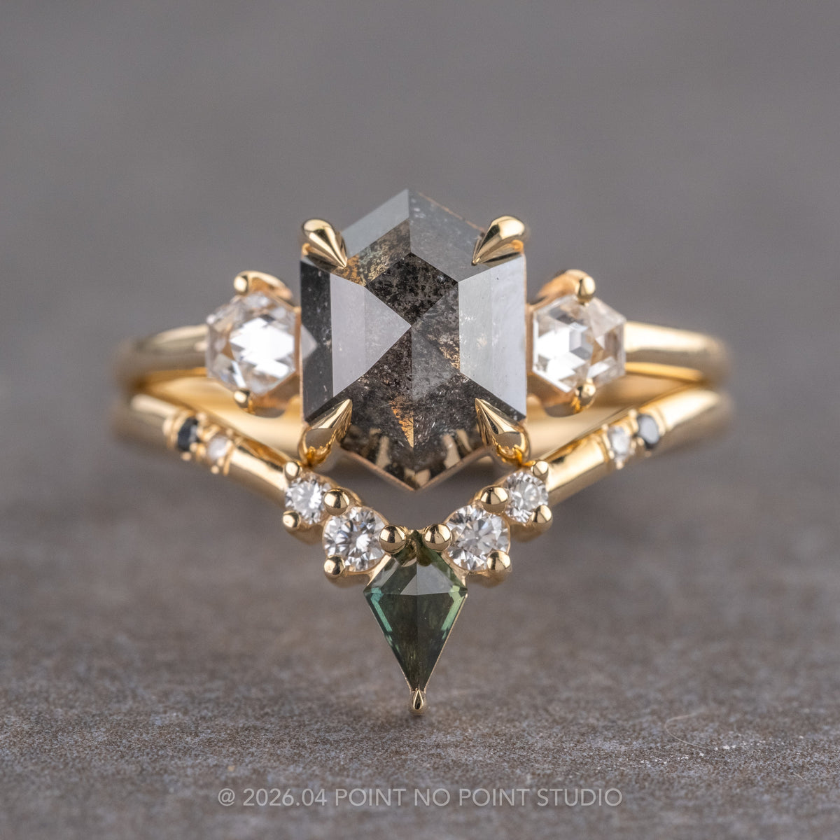 1.58 Carat Black Hexagon Diamond Engagement Ring, Zoe Setting, 14K Yellow Gold