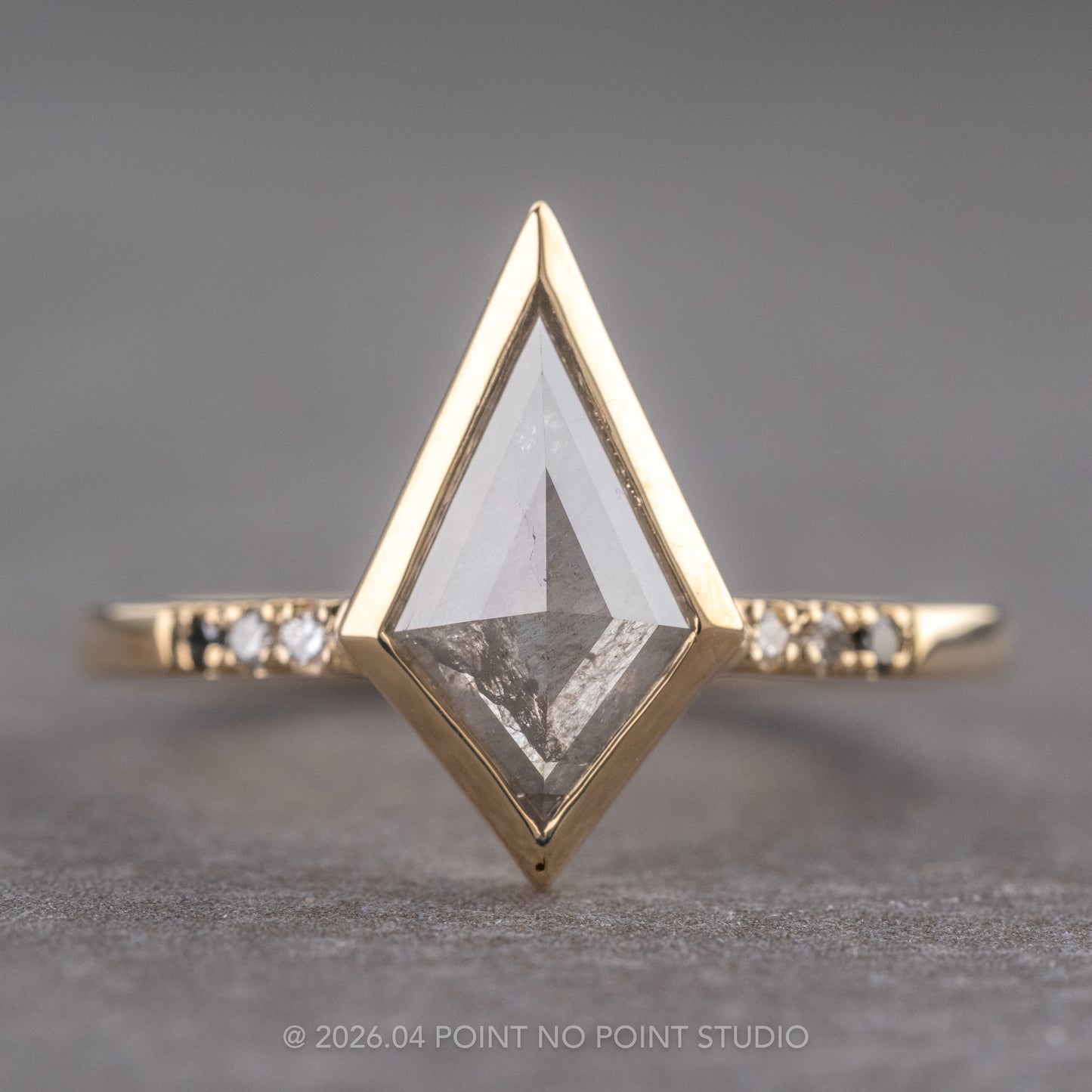 1.51 Carat Icy Grey Kite Diamond Engagement Ring, Bezel Ombre Jules Setting, 14K Yellow Gold