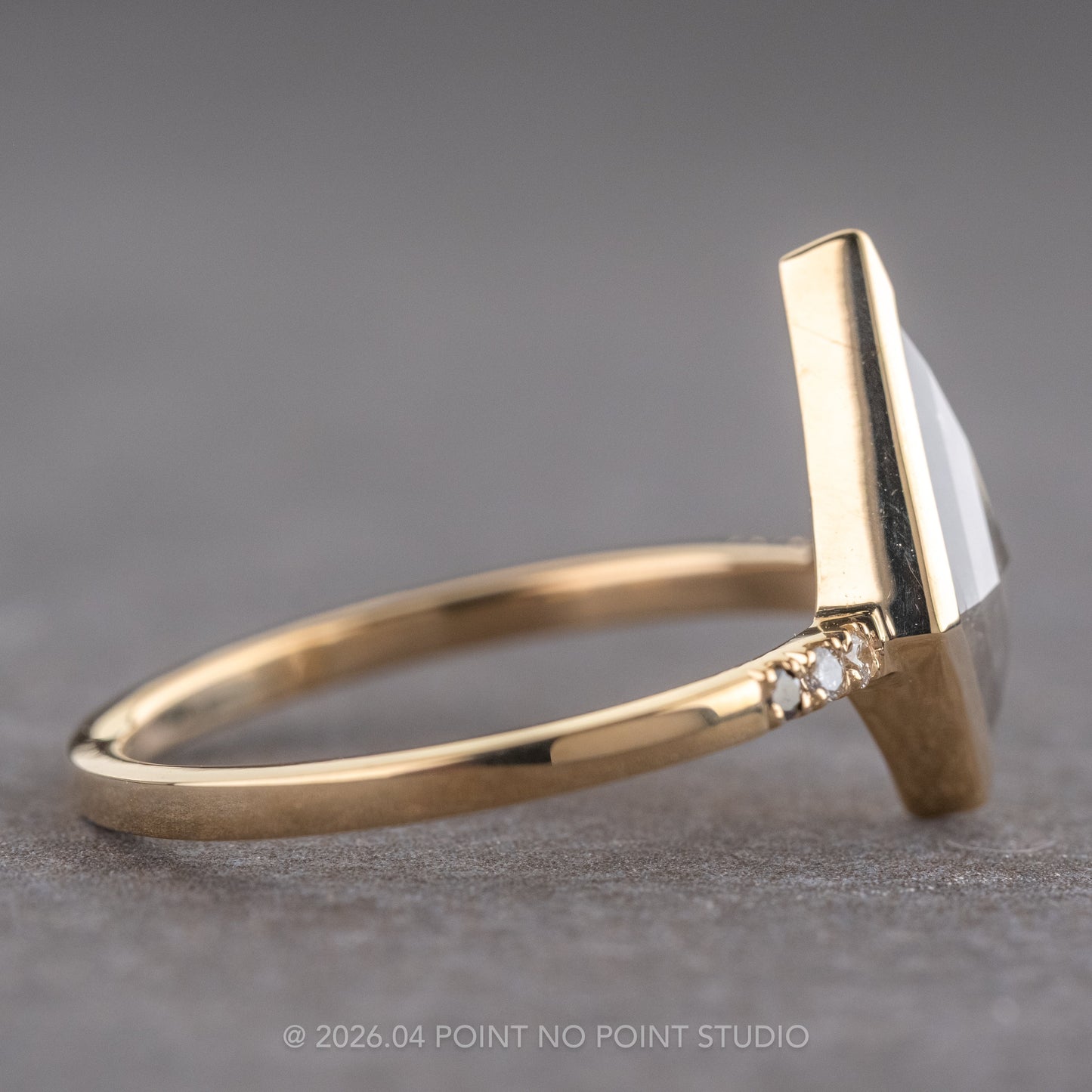 1.51 Carat Icy Grey Kite Diamond Engagement Ring, Bezel Ombre Jules Setting, 14K Yellow Gold