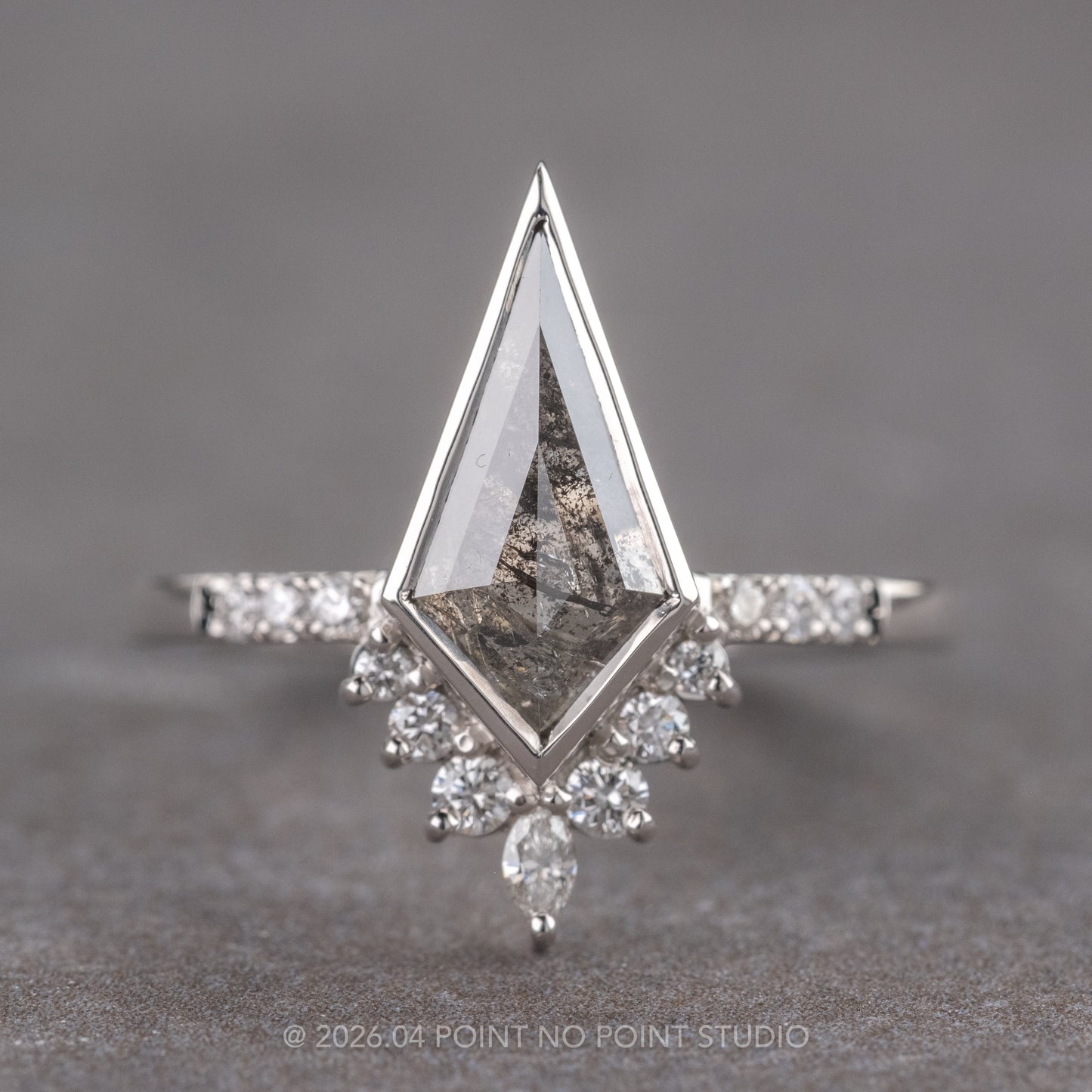 1.14 Carat Black Salt and Pepper Kite Diamond Engagement Ring, Bezel Avaline Setting, Platinum