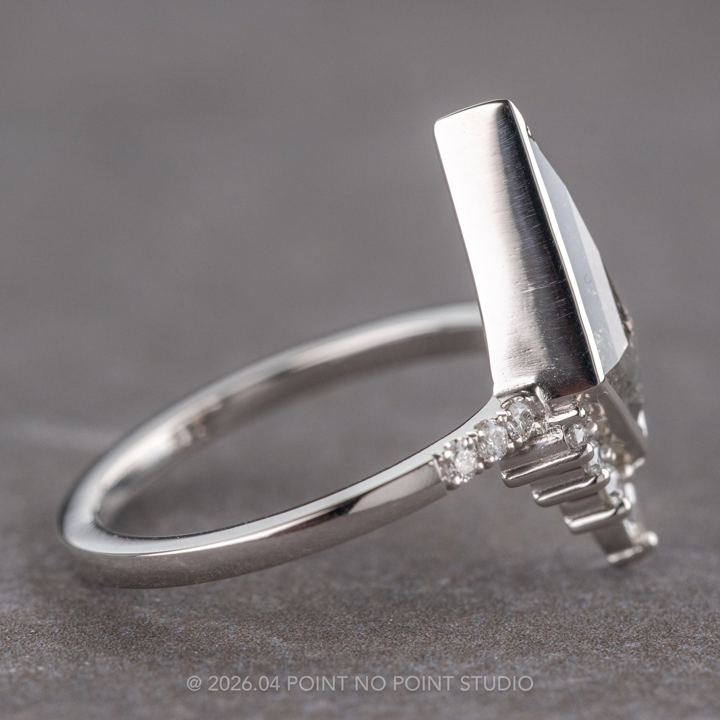 1.14 Carat Black Salt and Pepper Kite Diamond Engagement Ring, Bezel Avaline Setting, Platinum