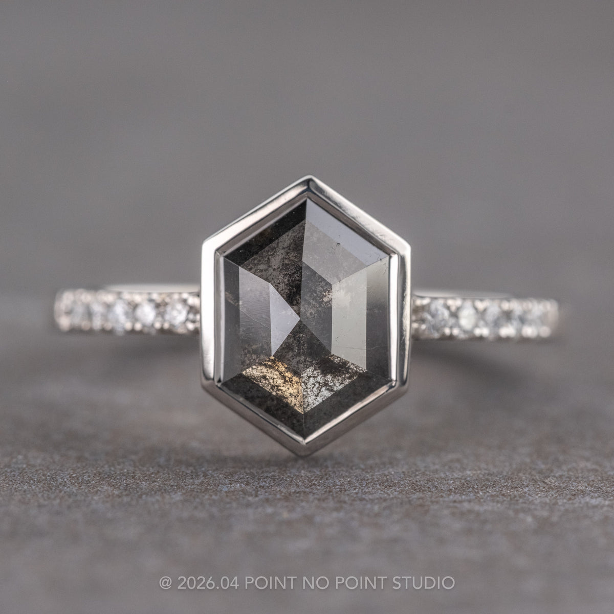 1.66 Carat Black Hexagon Diamond Engagement Ring, Bezel Jules Setting, Platinum