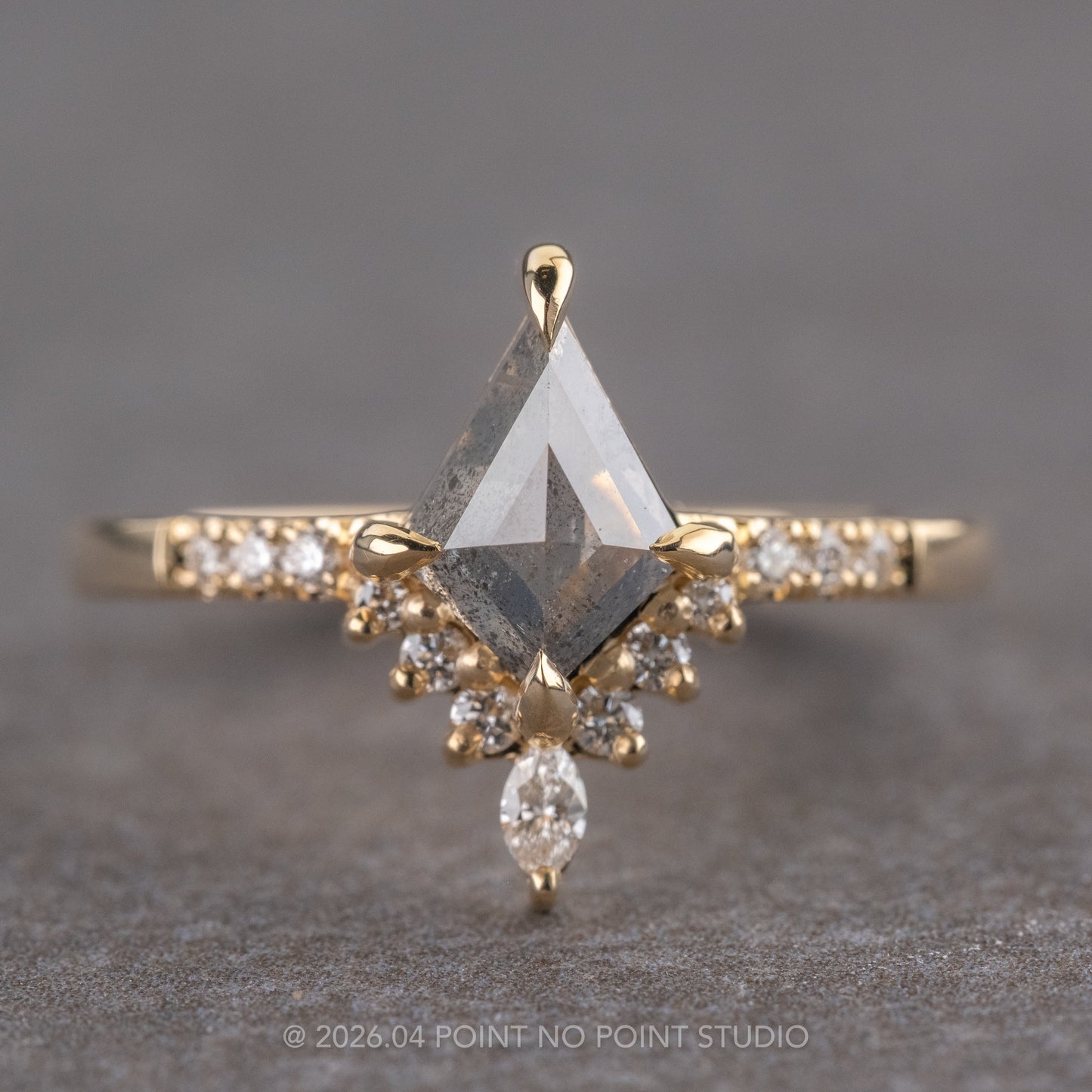 1.05 Carat Salt and Pepper Kite Diamond Engagement Ring, Avaline Setting, 14K Yellow Gold