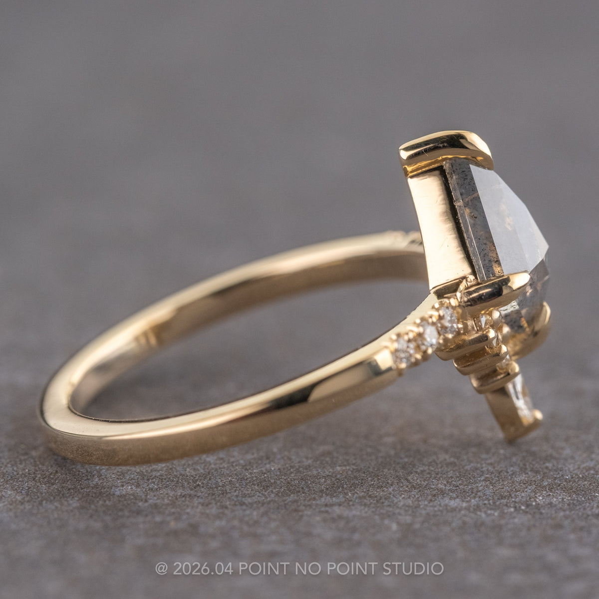 1.05 Carat Salt and Pepper Kite Diamond Engagement Ring, Avaline Setting, 14K Yellow Gold