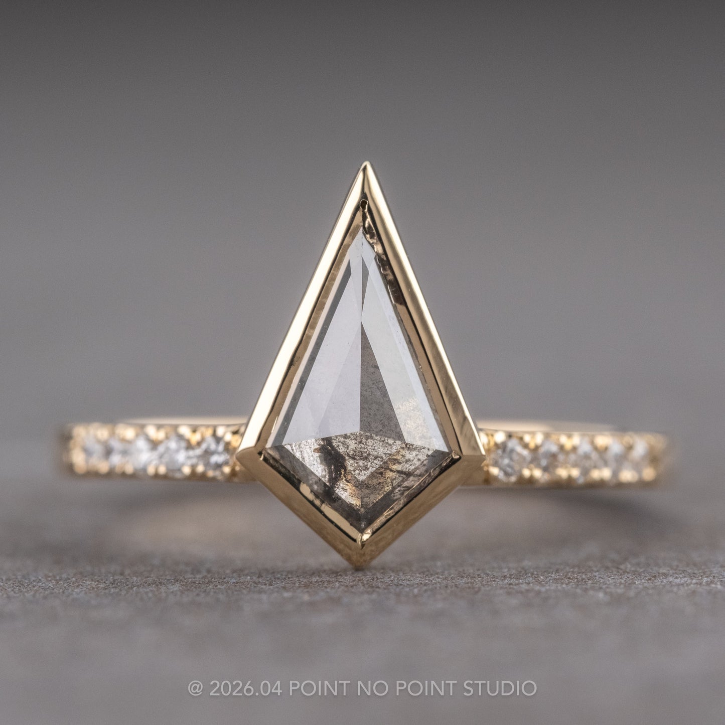 1.17 Carat Salt and Pepper Kite Diamond Engagement Ring, Bezel Jules Setting, 14K Yellow Gold