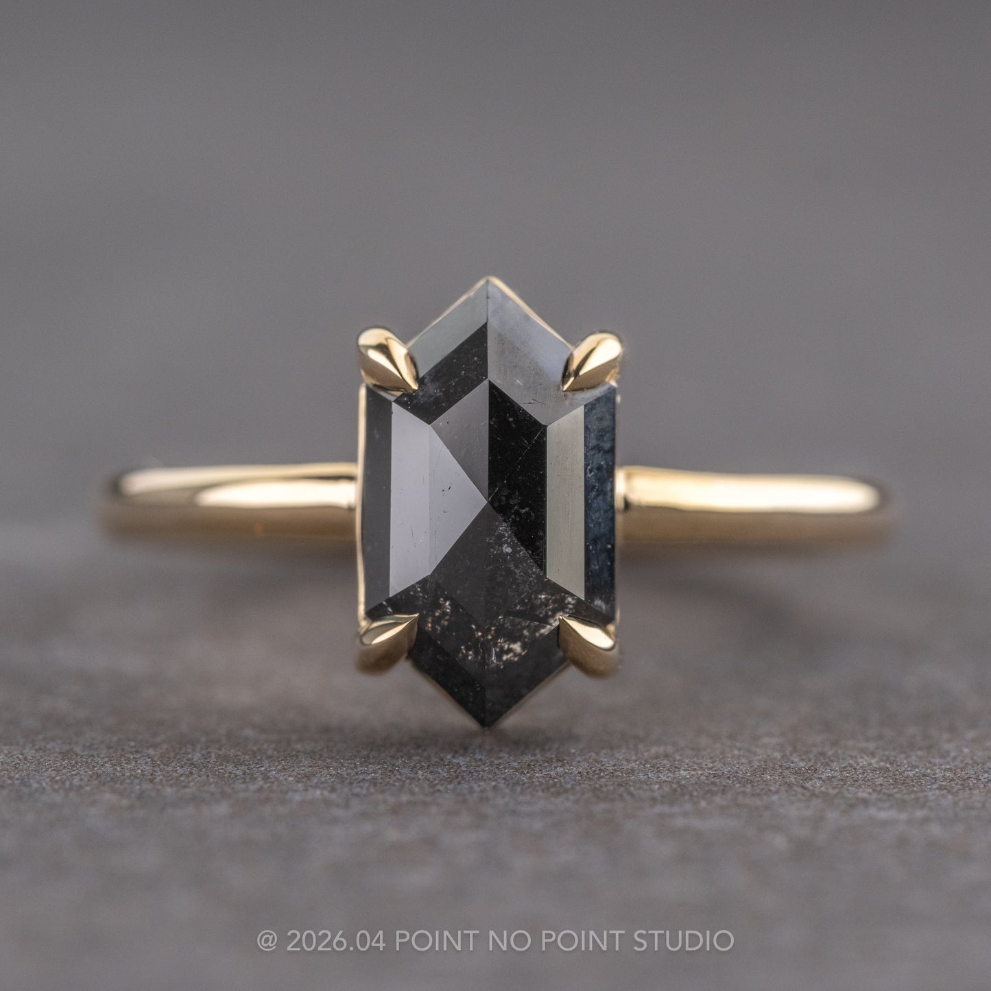 2.26 Carat Black Hexagon Diamond Engagement Ring, Jane Setting, 14k Yellow Gold