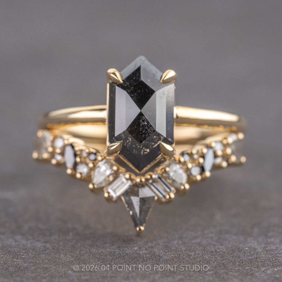 2.26 Carat Black Hexagon Diamond Engagement Ring, Jane Setting, 14k Yellow Gold