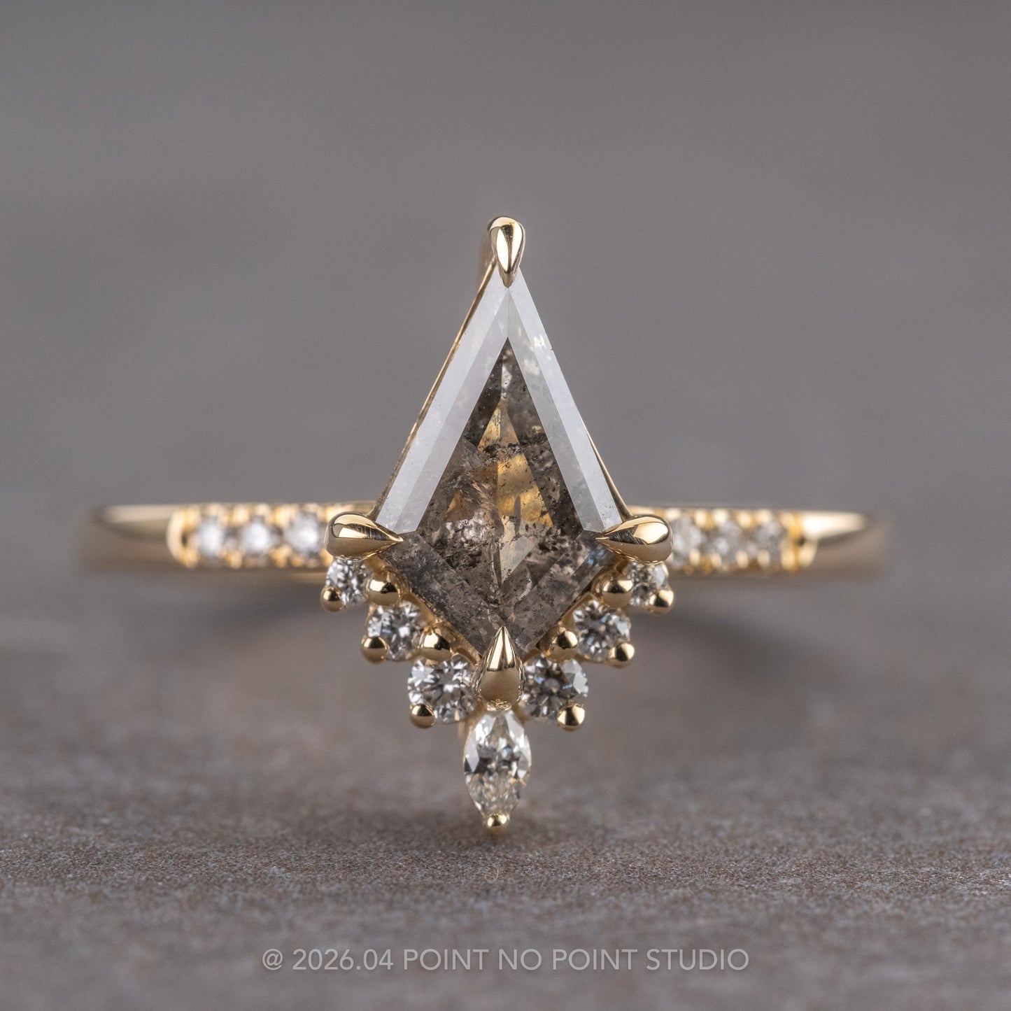 1.18 Carat Salt and Pepper Kite Diamond Engagement Ring, Avaline Setting, 14K Yellow Gold