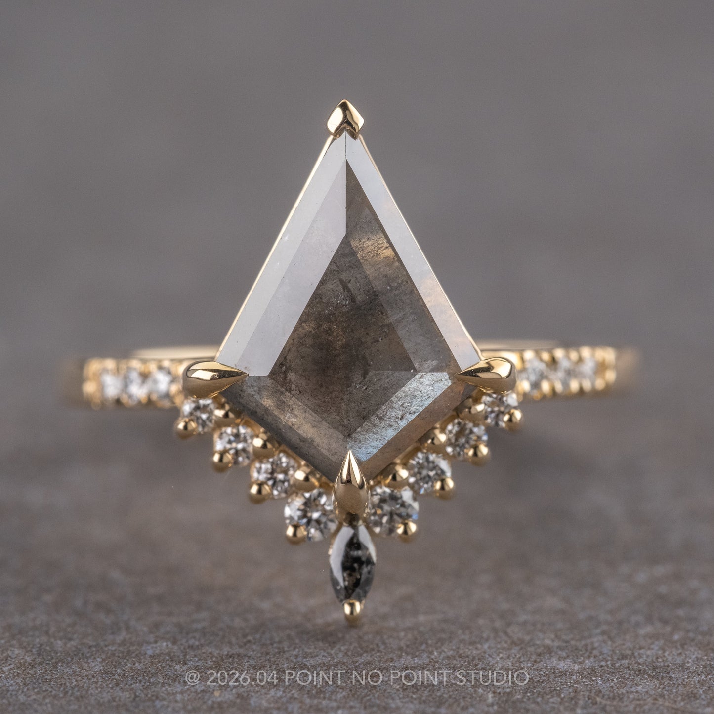 1.94 Carat Salt and Pepper Kite Diamond Engagement Ring, Avaline Setting, 14K Yellow Gold