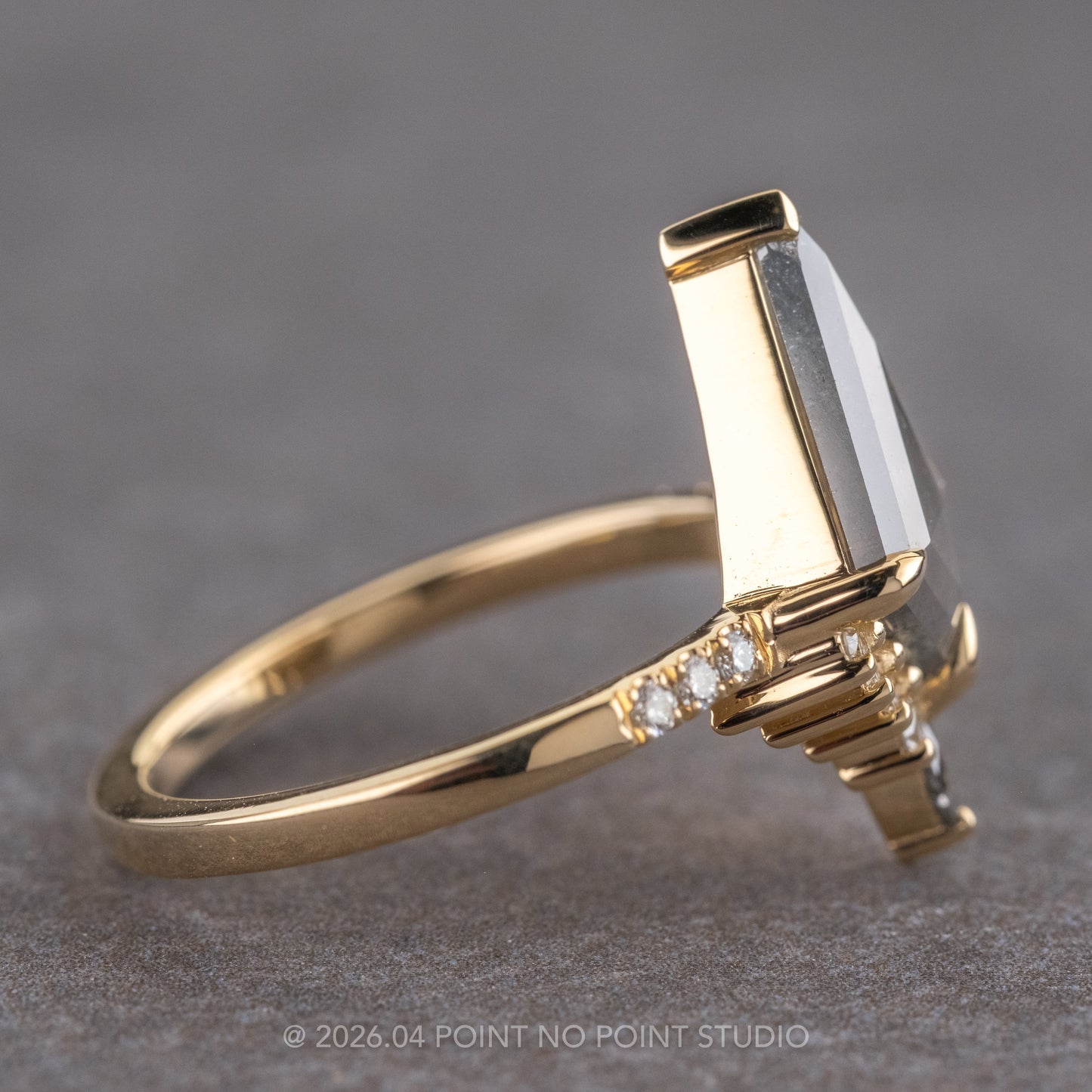 1.94 Carat Salt and Pepper Kite Diamond Engagement Ring, Avaline Setting, 14K Yellow Gold