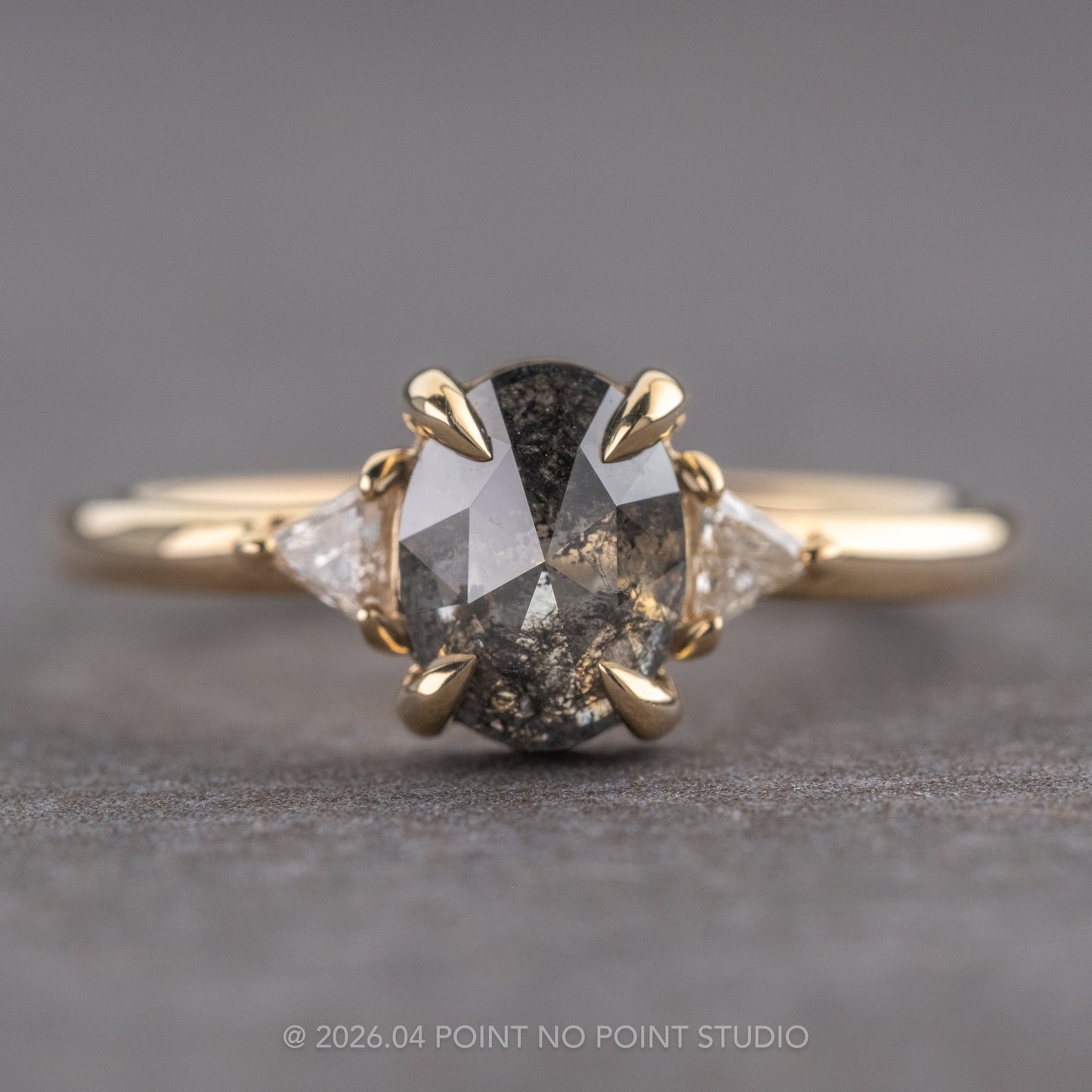 1.08 Carat Salt and Pepper Oval Diamond Engagement Ring, Zoe Setting, 14K Yellow Gold