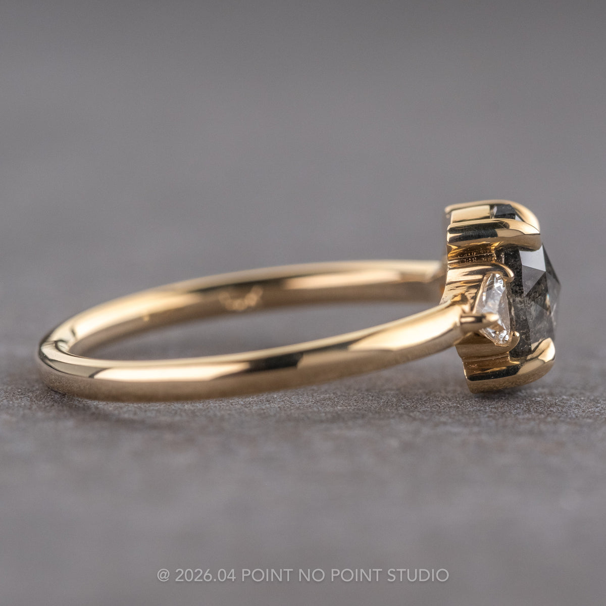 1.08 Carat Salt and Pepper Oval Diamond Engagement Ring, Zoe Setting, 14K Yellow Gold