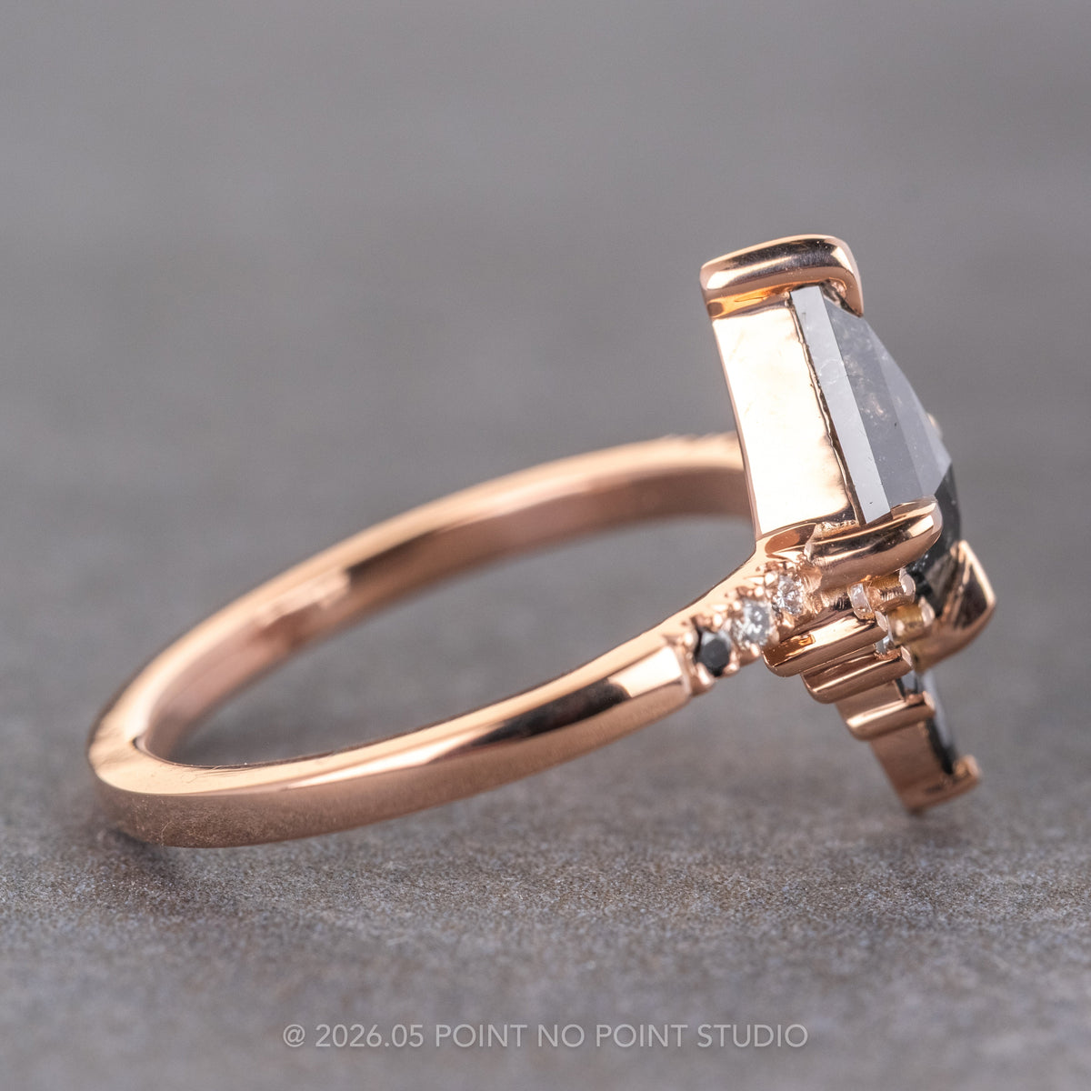 1.15 Carat Black Salt and Pepper Kite Diamond Engagement Ring, Ombre Avaline Setting, 14K Rose Gold