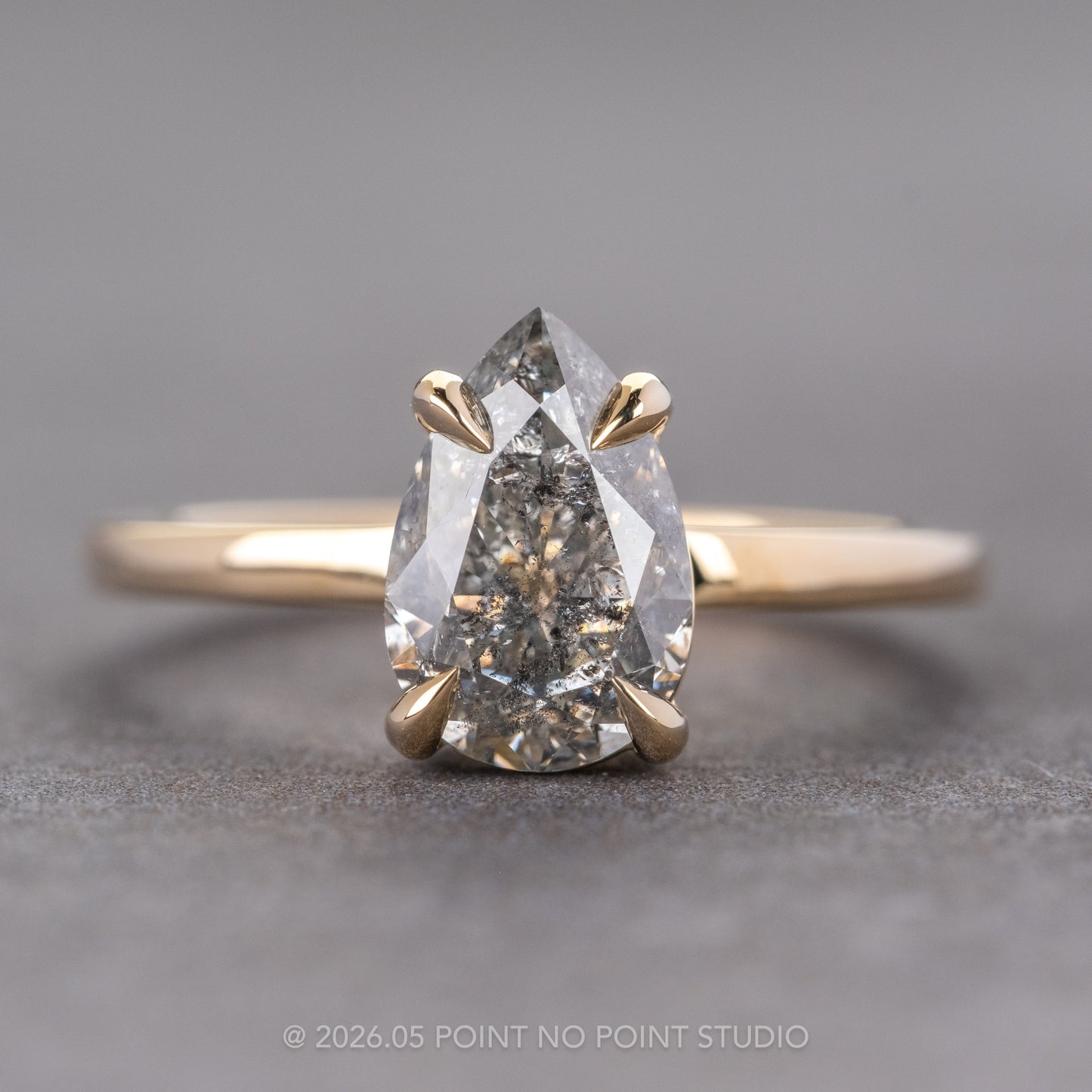 1.70 Carat Salt and Pepper Pear Diamond Engagement Ring, Basket Jane Setting, 14K Yellow Gold