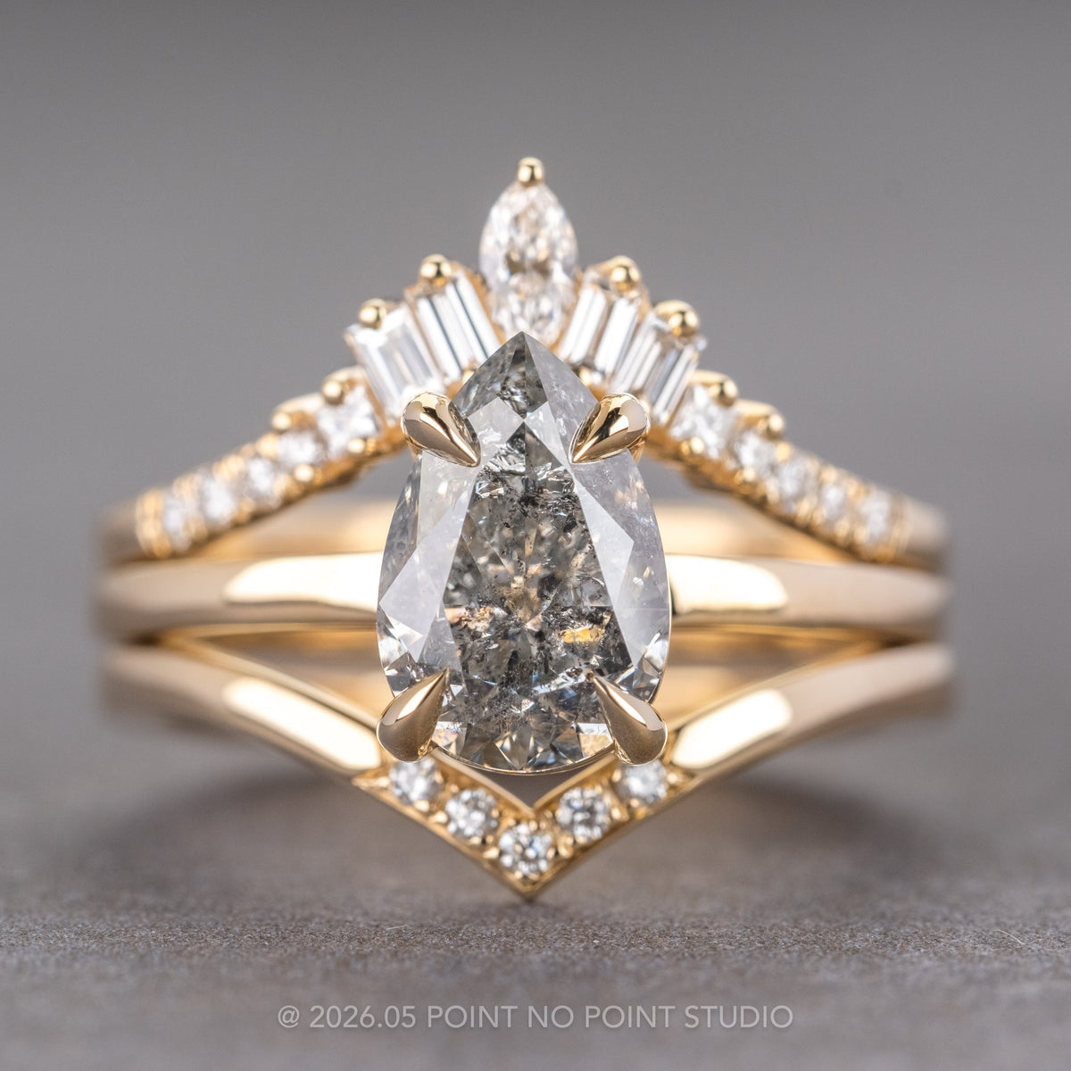 1.70 Carat Salt and Pepper Pear Diamond Engagement Ring, Basket Jane Setting, 14K Yellow Gold