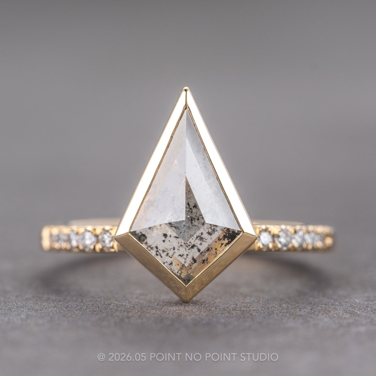 1.61 Carat Salt and Pepper Kite Diamond Engagement Ring, Bezel Jules Setting, 14K Yellow Gold