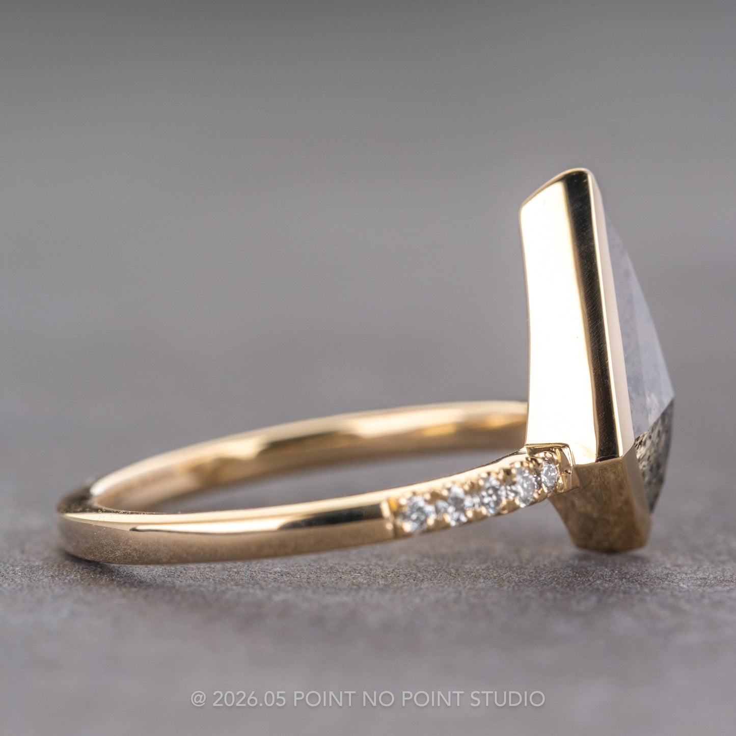 1.61 Carat Salt and Pepper Kite Diamond Engagement Ring, Bezel Jules Setting, 14K Yellow Gold