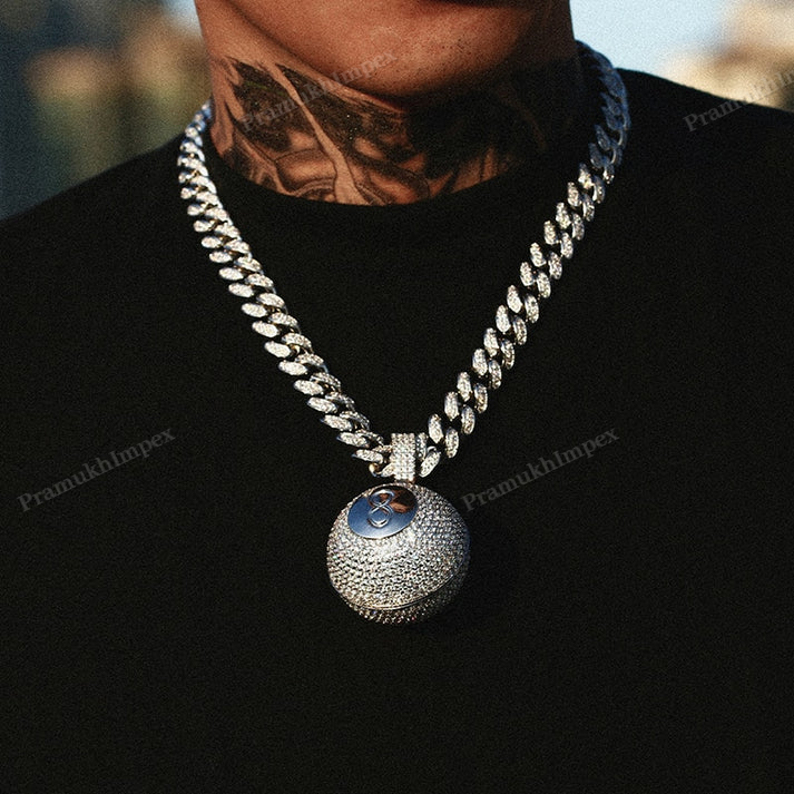 S925 Silver Moissanite Iced 8 Ball Pendant