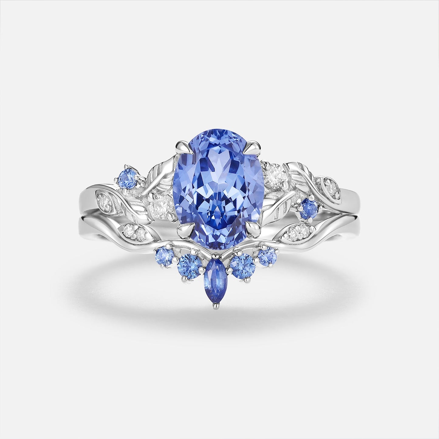 Oval Cut Lab Cornflower Sapphire & Lab Cornflower Sapphire Leafy Couple Ring Sets - Anouk