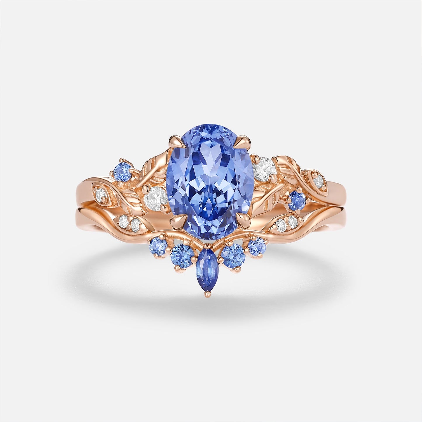 Oval Cut Lab Cornflower Sapphire & Lab Cornflower Sapphire Leafy Couple Ring Sets - Anouk