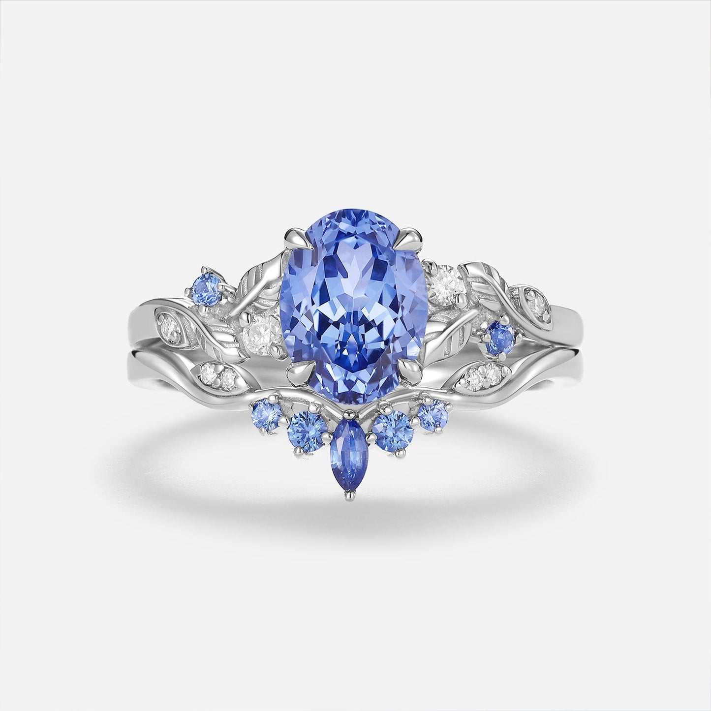 Oval Cut Lab Cornflower Sapphire Engagement Ring Sets 2pcs - Anouk