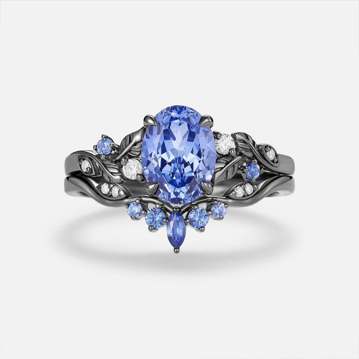 Oval Cut Lab Cornflower Sapphire Engagement Ring Sets 2pcs - Anouk